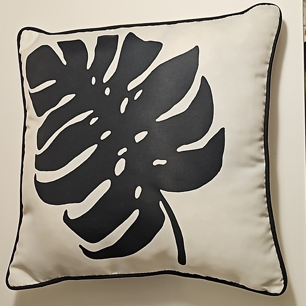 Black & White Palm Leaf/Striped Patio Pillow - Picture 2 of 5